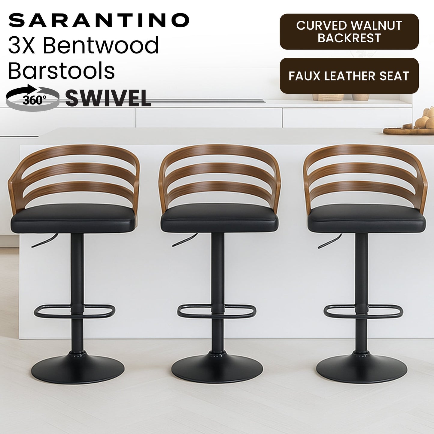 3-Piece Bentwood Walnut Barstool Set Leather Seat Metal Frame