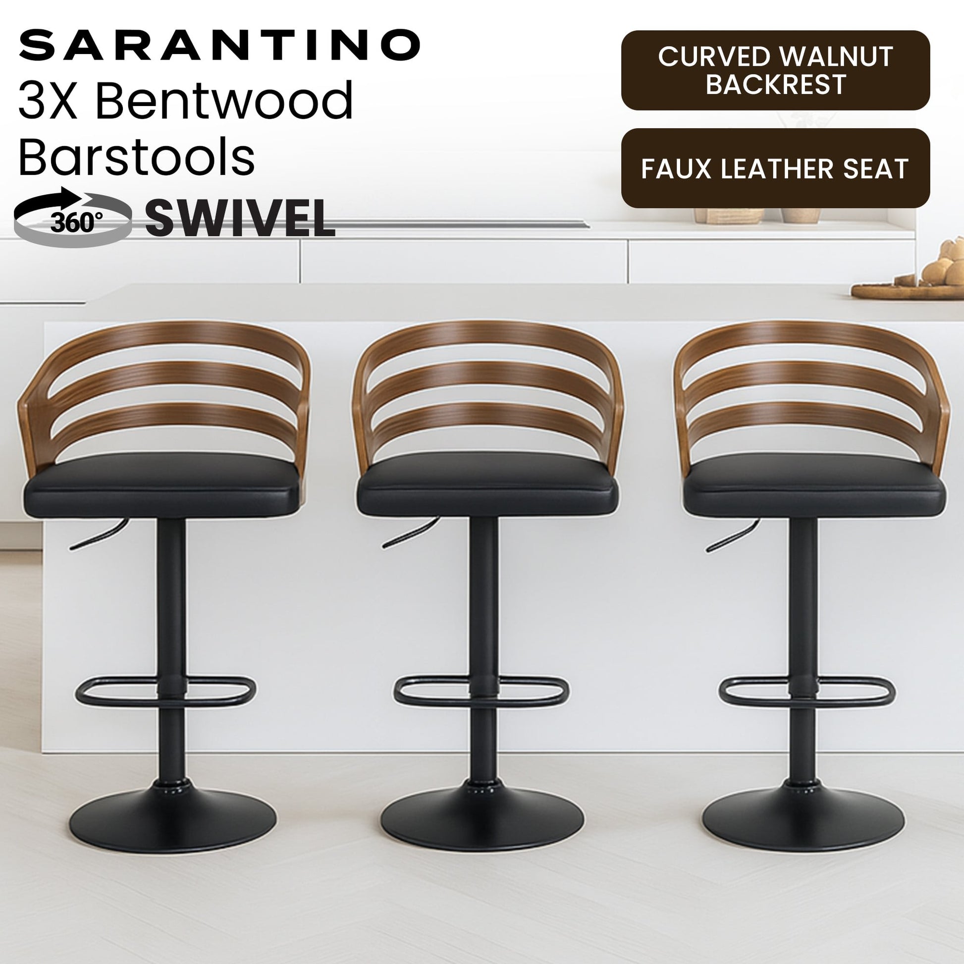 3-Piece Bentwood Walnut Barstool Set Leather Seat Metal Frame