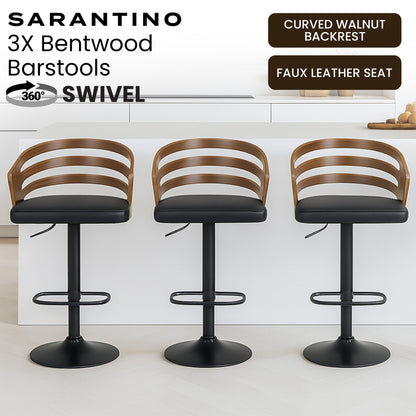3-Piece Bentwood Walnut Barstool Set Leather Seat Metal Frame