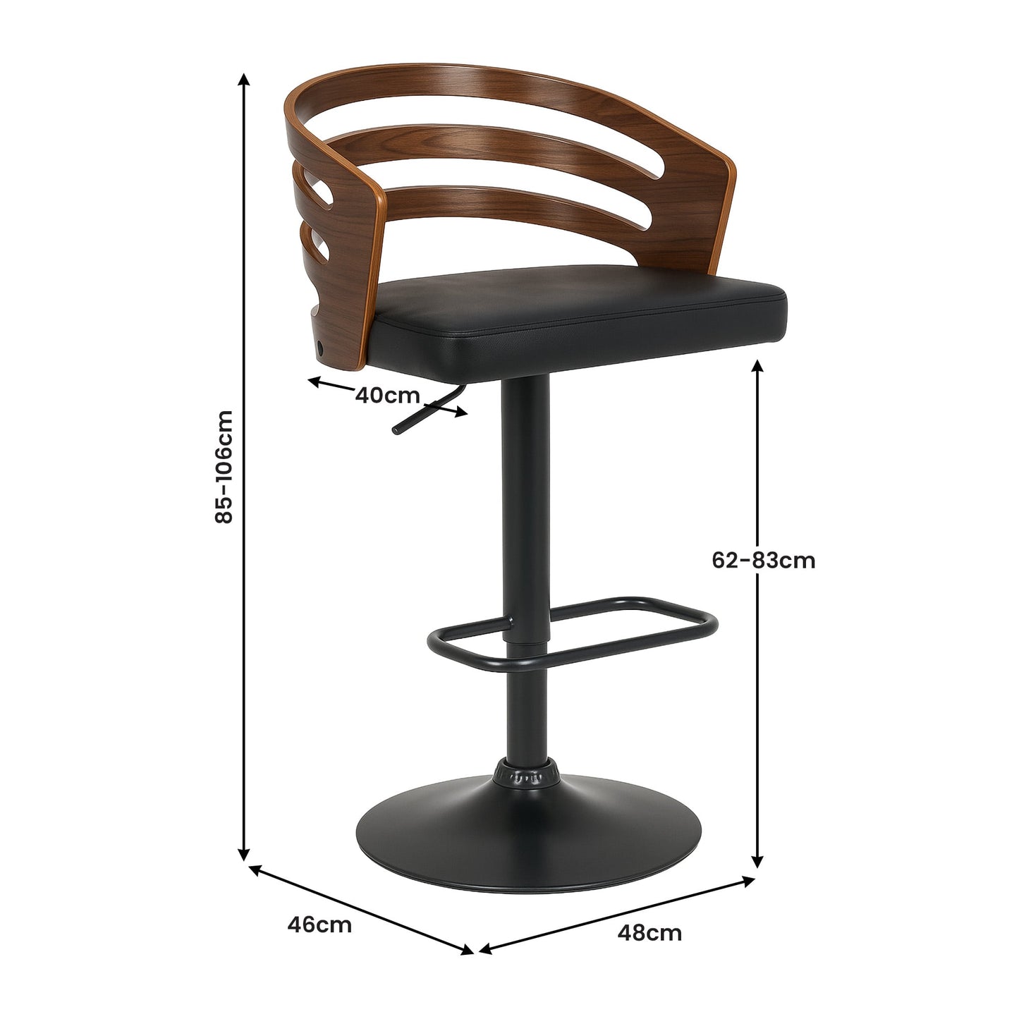 Set of 2 Bentwood Walnut Bar Stools Leather Seat Metal Frame Base