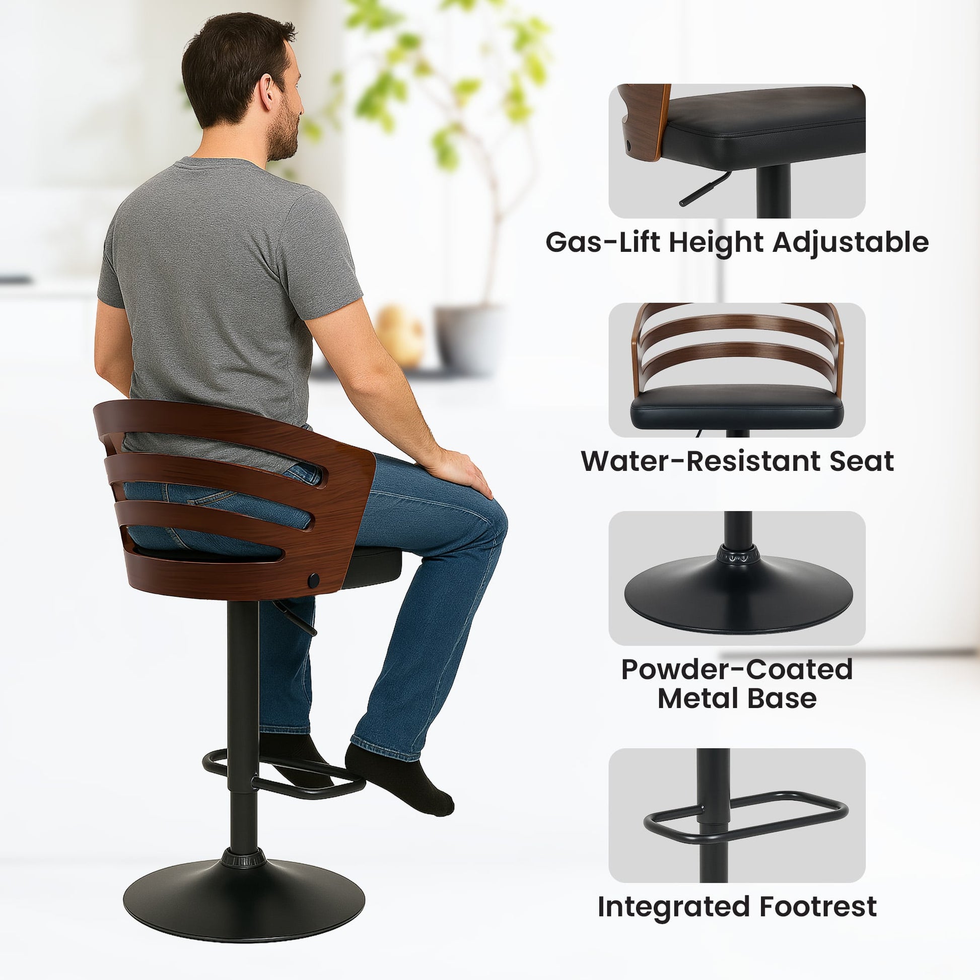Set of 2 Bentwood Walnut Bar Stools Leather Seat Metal Frame Base