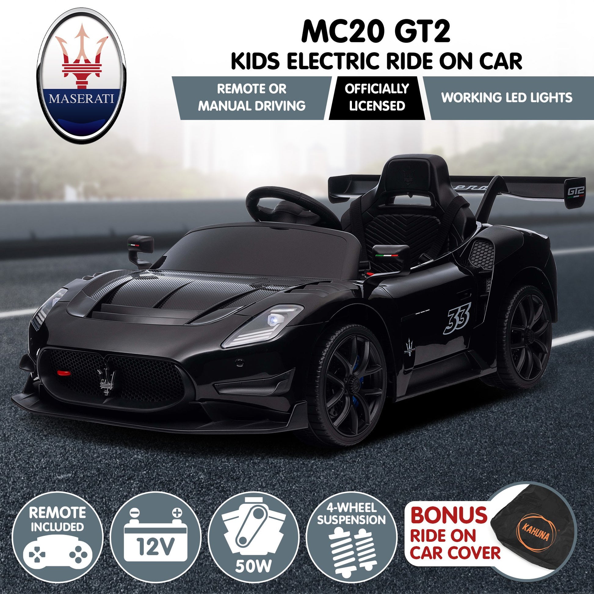 MC20 GT2 Licensed Electric Kids Ride On Race Car - Black