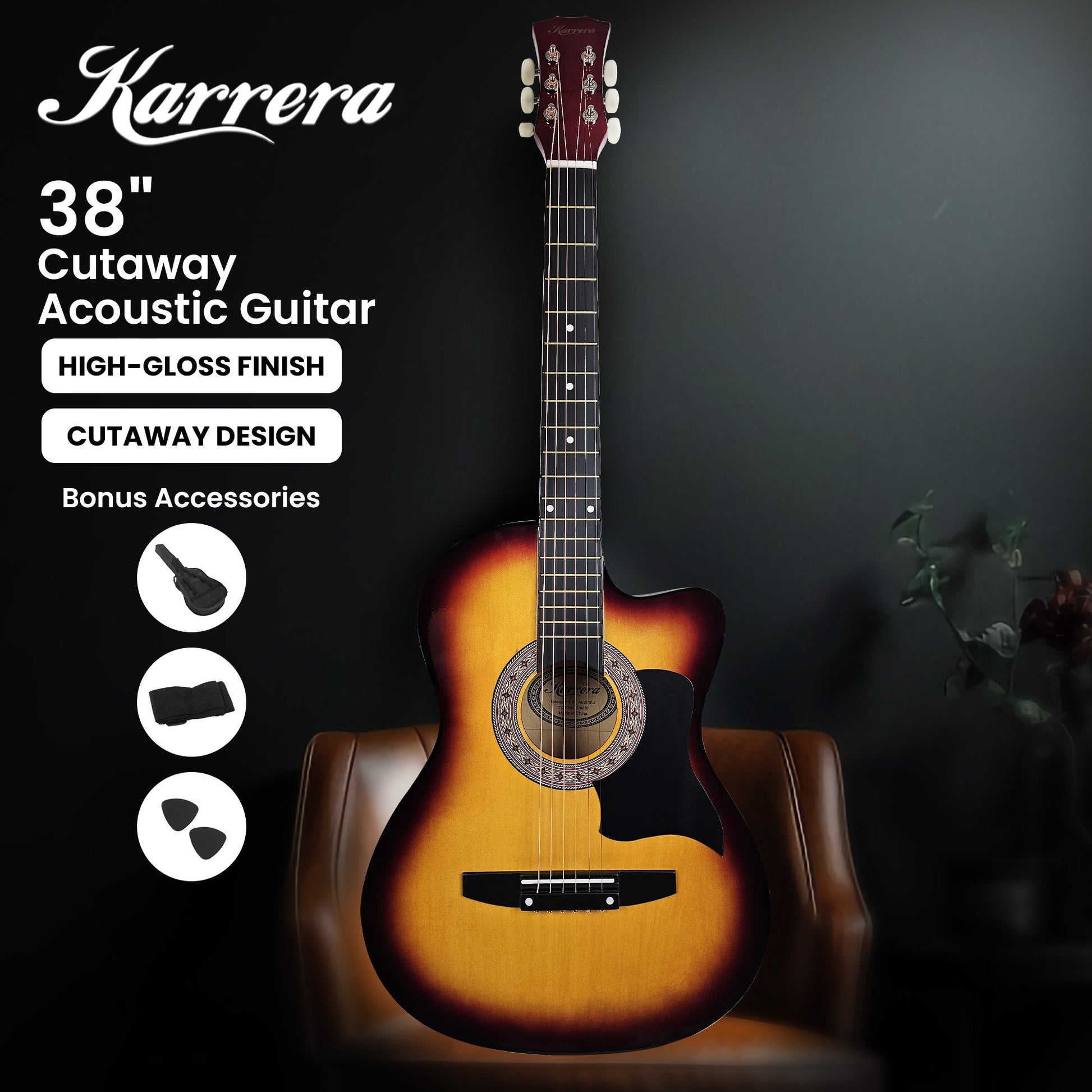 38in Acoustic Guitar Steel Strings Carry Bag Shoulder Strap Sun Burst