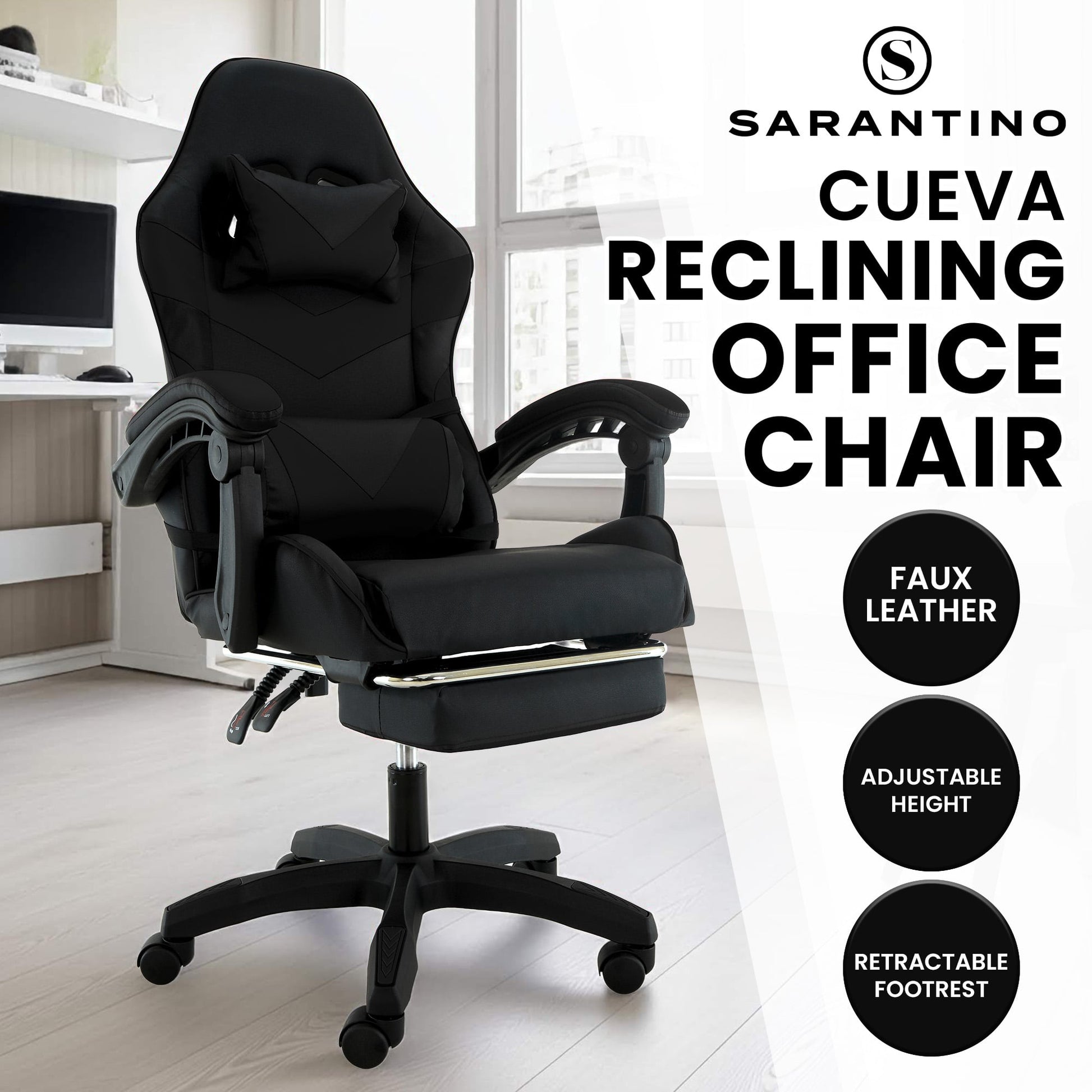 Cueva Reclining High Back Gaming Office Chair Black with Retractable Footrest
