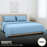 4pc King Bed Sheet Set 1000TC Cotton Rich Blue CVC Microfibre Blend