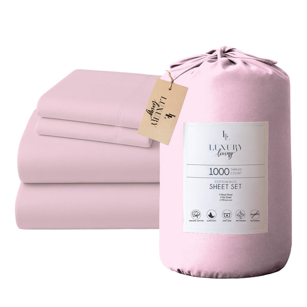  4-Piece King Bed Sheet Set Cotton Rich 1000TC Pink Microfibre CVC