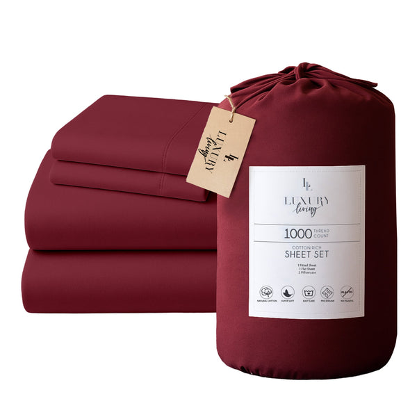  Hill Luxury 4pc Queen Bed Sheet Set 1000 Thread Count Cotton-Rich Burgundy