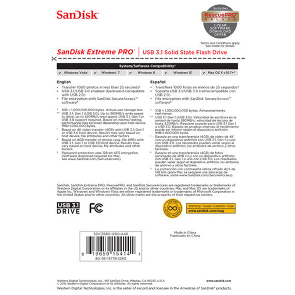 256Gb Extreme Pro Usb 3.2 Solid State Flash Drive (Sdcz880-256G)