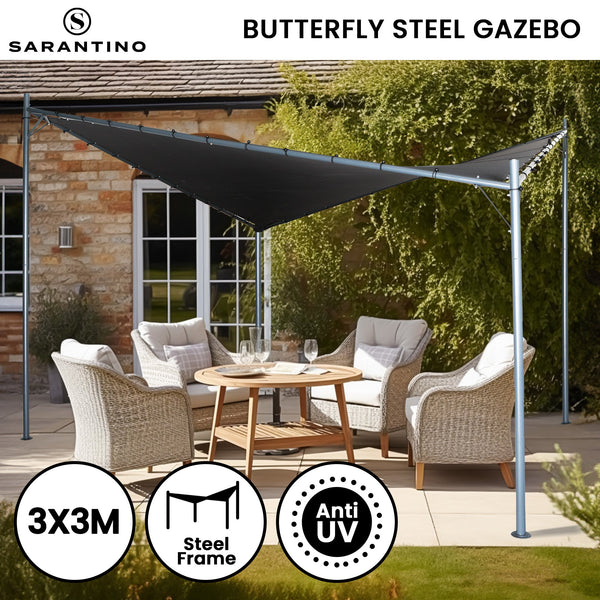 3x3m Butterfly Steel Gazebo - Charcoal