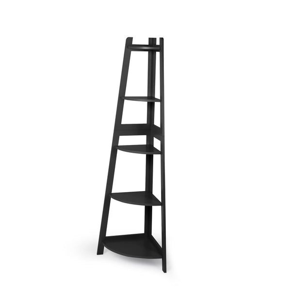  Contemporary 5 Tier Corner Shelf Wooden Storage Black  Durable Frame
