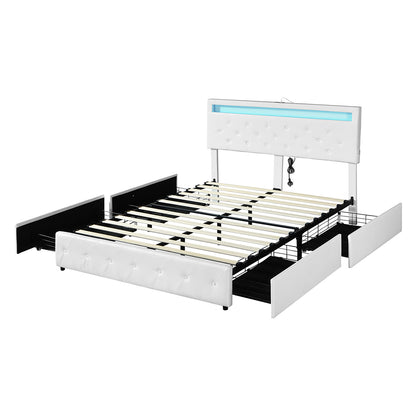 Versatile Queen Bed Frame RGB LED PU 4 Drawer USB  Scandi Inspired