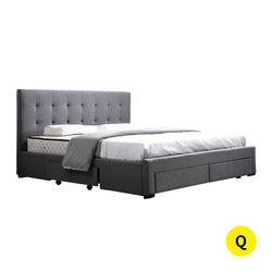Queen Bed Frame Fabric Tufted Dark Grey