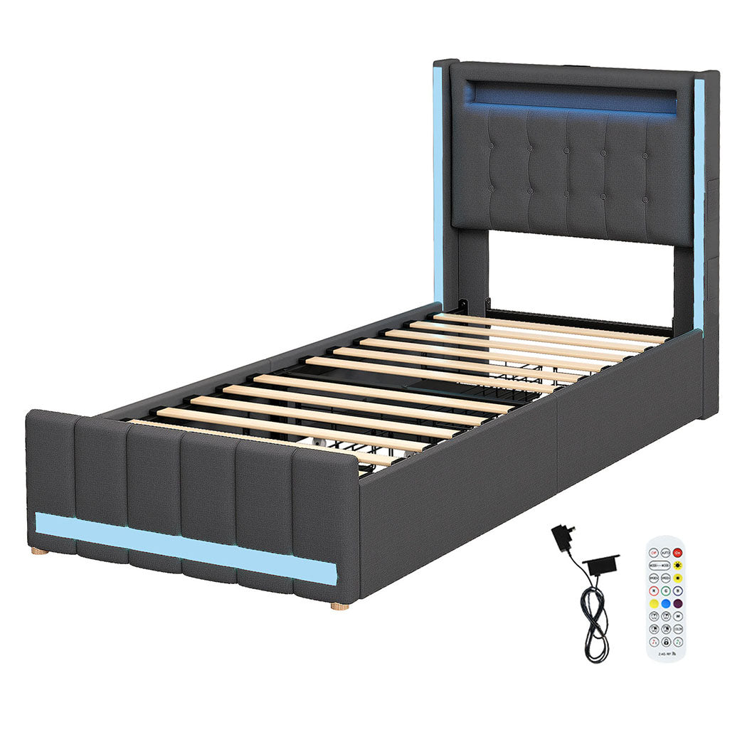 Luxury Single Bed Frame Fabric Storage Drawer LED USB  Sleek Modern
