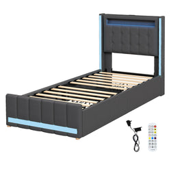 Luxury Single Bed Frame Fabric Storage Drawer LED USB  Sleek Modern