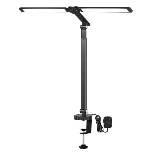 Ergonomic Double Head LED Desk Lamp Dimmable With Clamp  Wood Finish