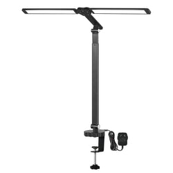 Ergonomic Double Head LED Desk Lamp Dimmable With Clamp  Wood Finish