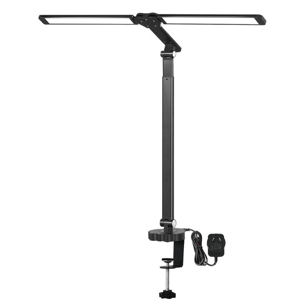  Ergonomic Double Head LED Desk Lamp Dimmable With Clamp  Wood Finish