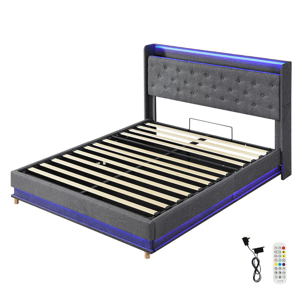  Modern Queen Bed Frame Gas Lift LED Light  Soft Cushion Classic