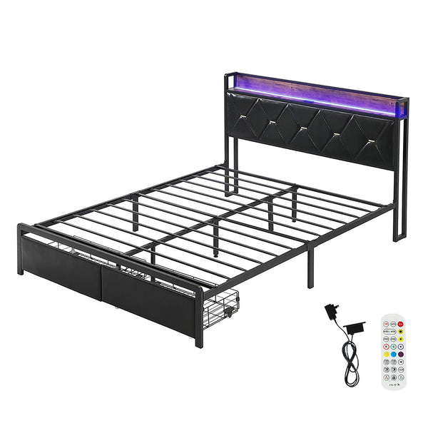  Cozy Queen Metal Bed Frame LED Lights 2 Drawers  Adjustable Height