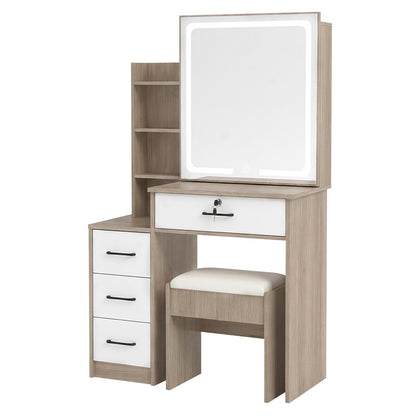 Levede Dressing Table Vanity Stool Set Sliding LED Mirror Makeup Storage Shelves Natural