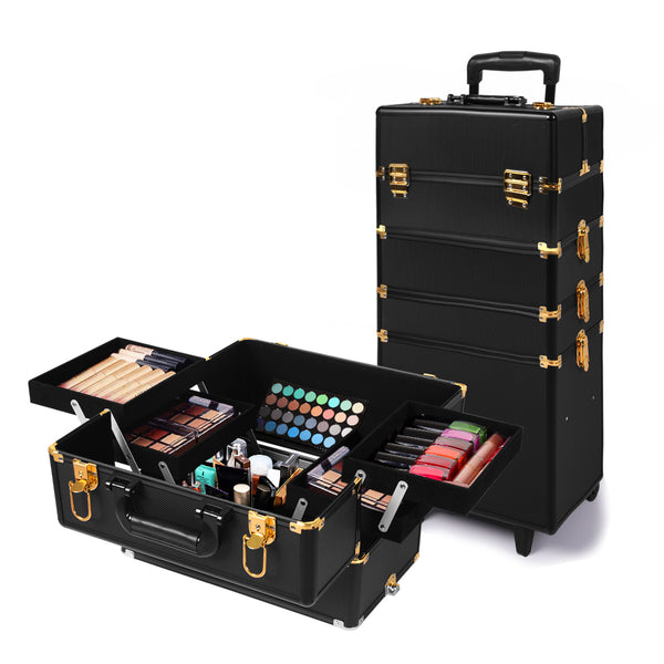  Portable Makeup Case Cosmetic Trolley Black and Golden