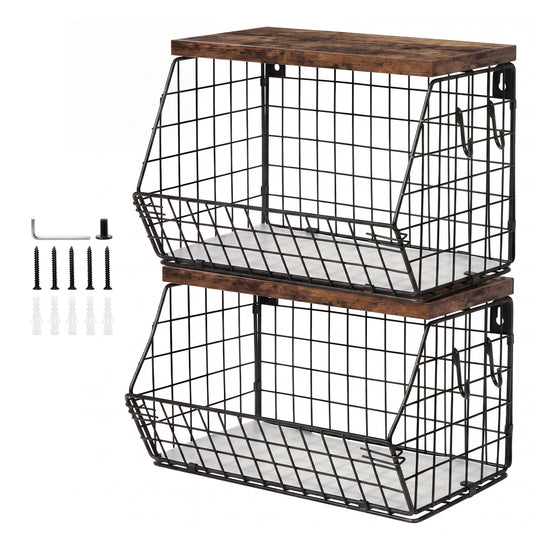 Toque Fruit Snack Storage Basket 2PCS Stackable Wall Mounted Kitchen Wood Lid