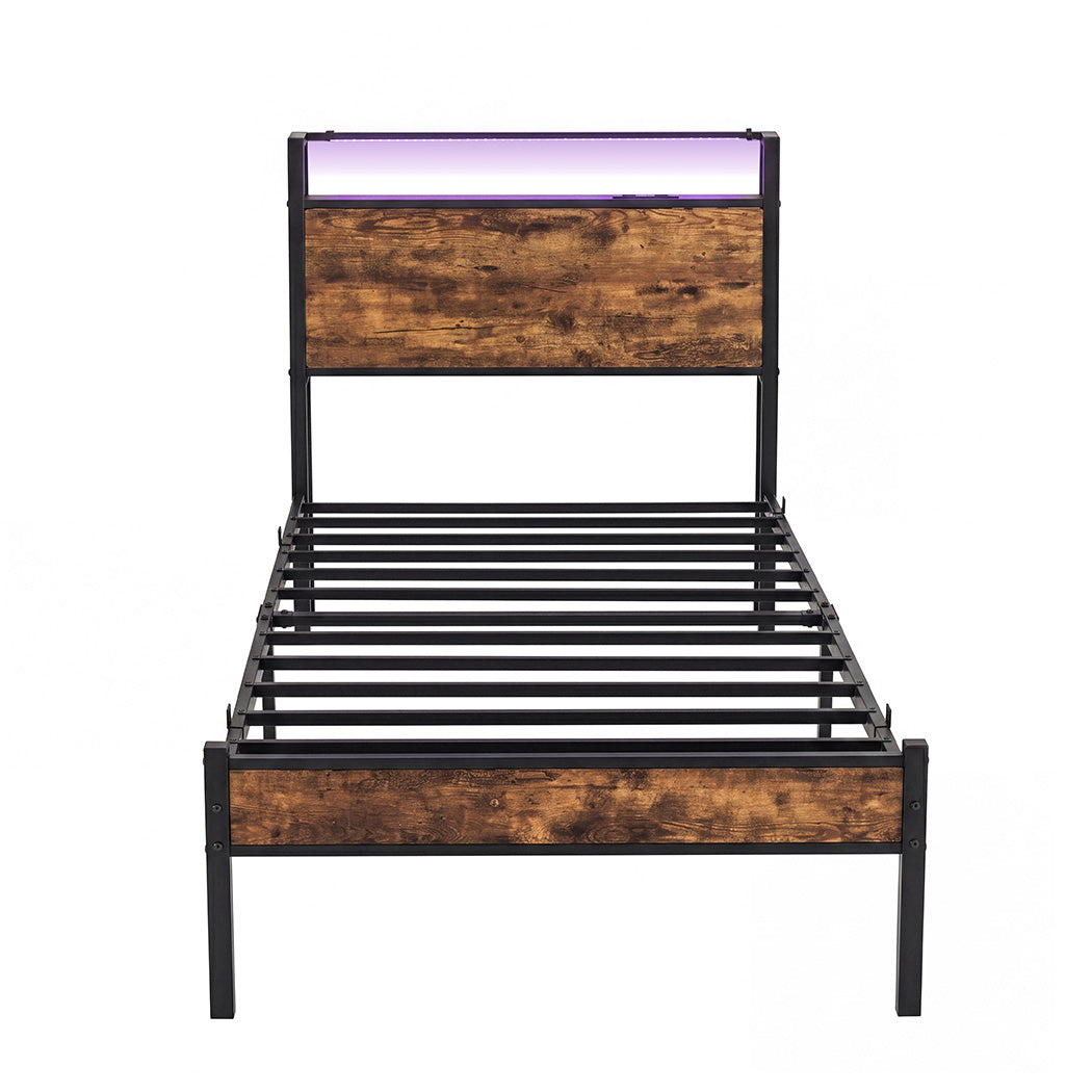 Levede Single Bed Frame LED Lights USB Charging Storage Headboard Metal Platform