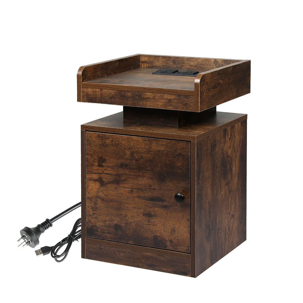 Minimalist Bedside Table USB Charger Outlet RGB Oak  Wood Finish