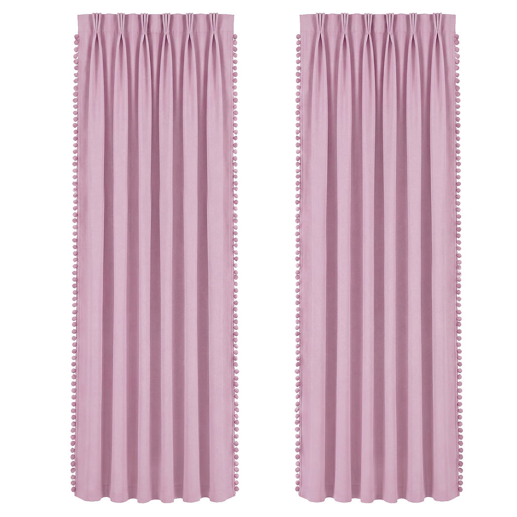 Marlow Blackout Curtains Pink 2 Panels Thermal Insulated Pom Pom 132cm x 213cm