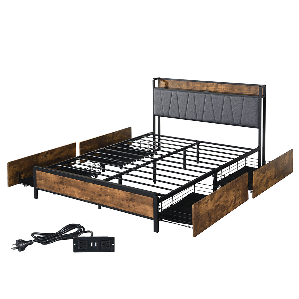Minimalist Queen Bed Frame Soft Storage Drawers Headboard USB Charge