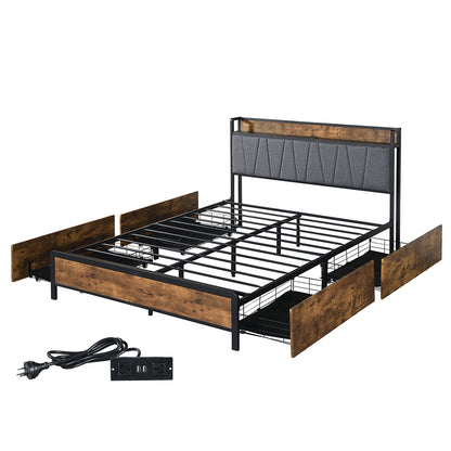 Minimalist Queen Bed Frame Soft Storage Drawers Headboard USB Charge