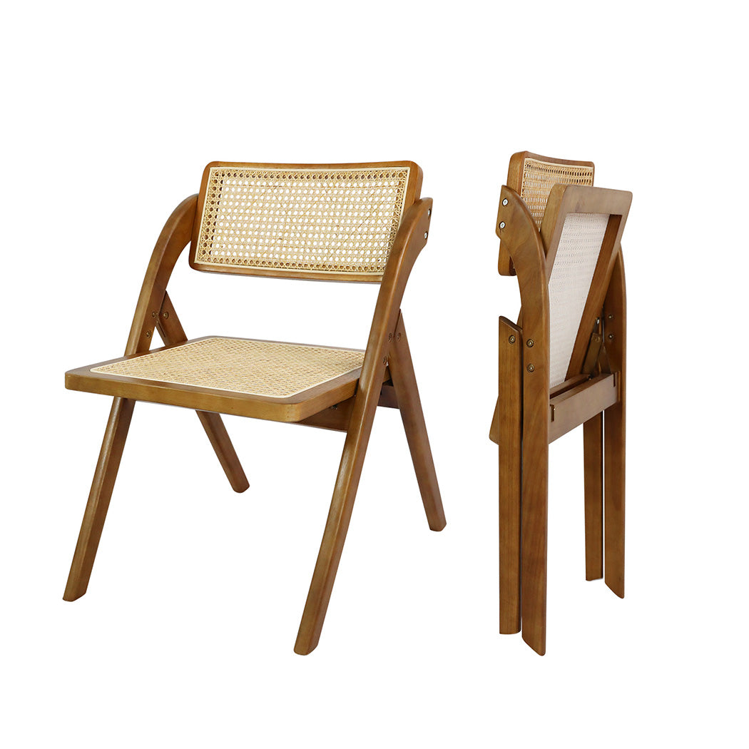 Premium 2X Foldable Rattan Dining Chairs Walnut  Wood Finish