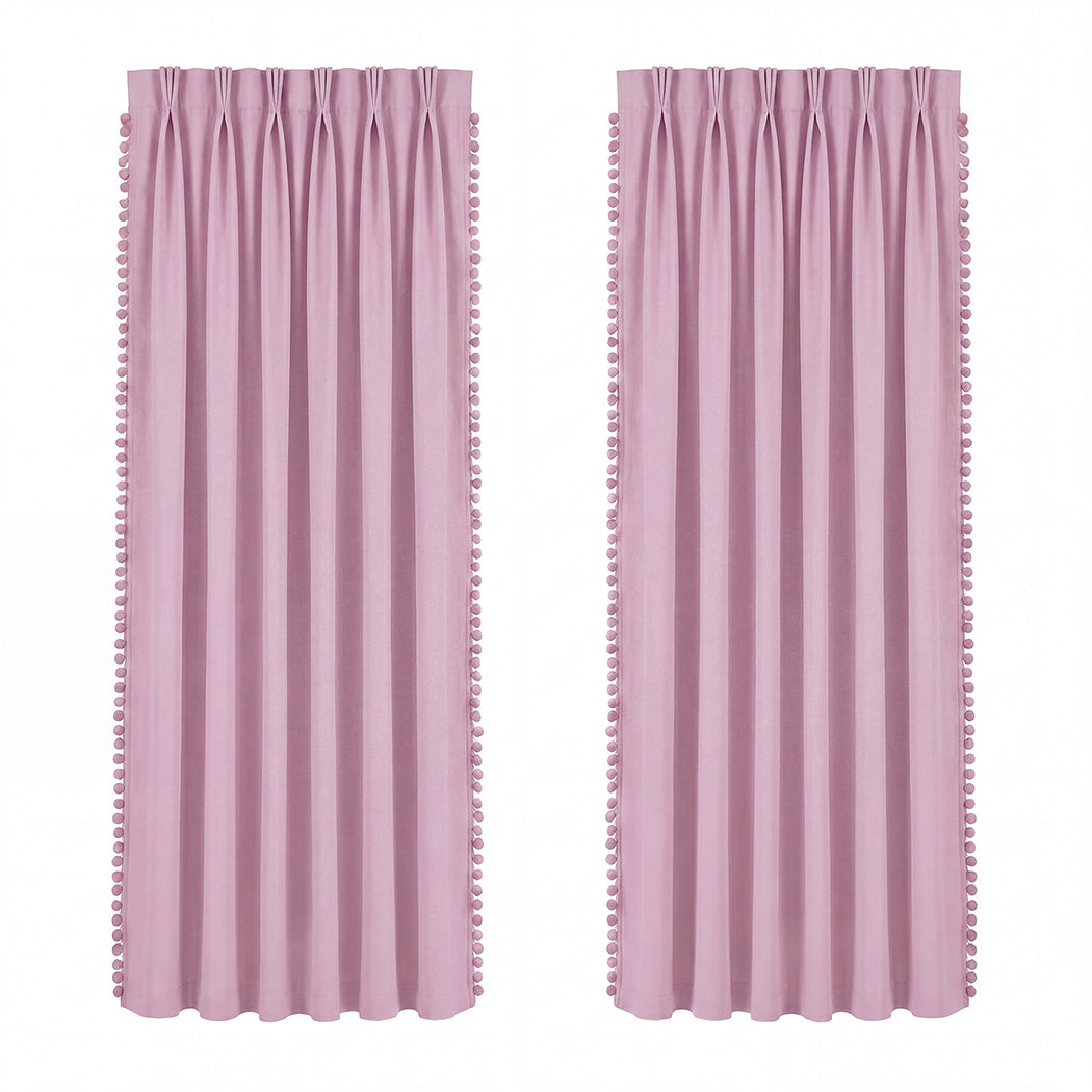 Marlow Blackout Curtains Pink 2 Panels Thermal Insulated Pom Pom 132cm x 160cm