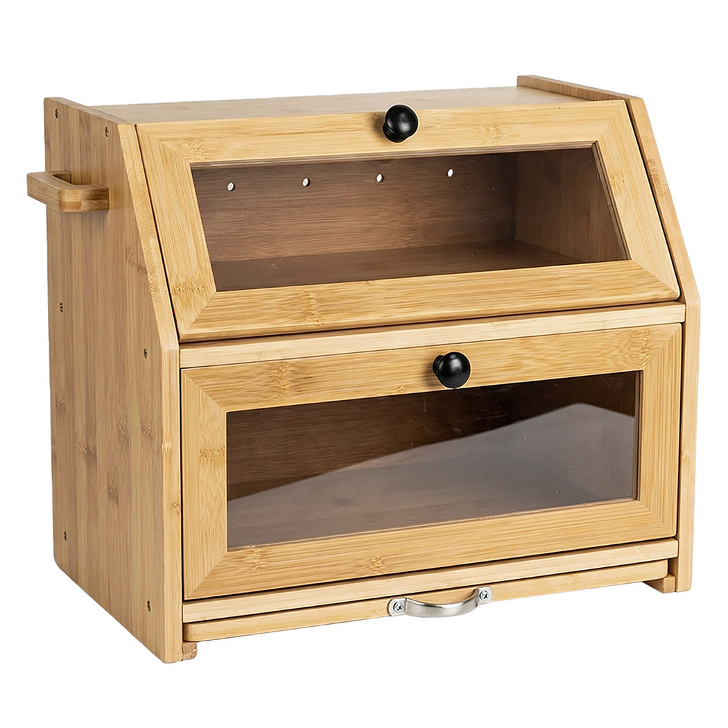 Toque Bread Box Bread Bin Double Layer Bamboo Bread Storage with Window Natural