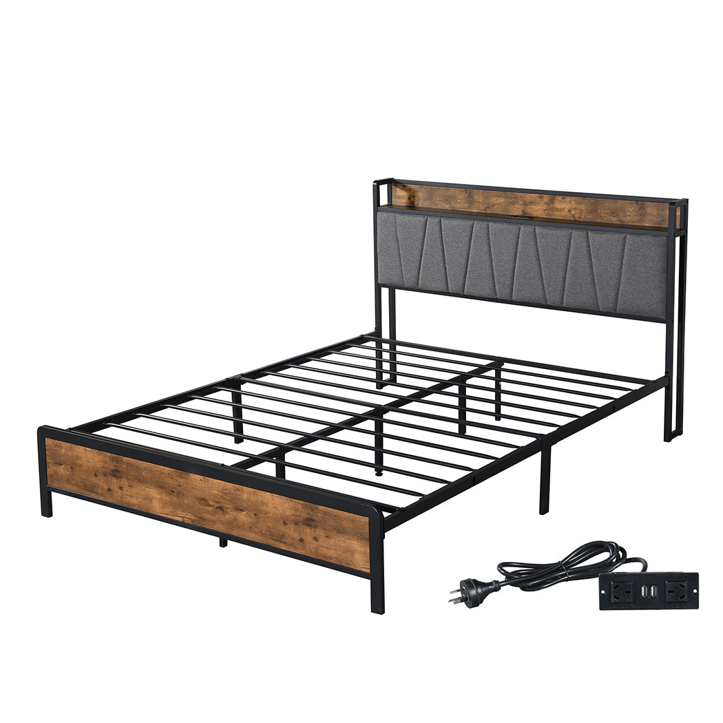 Premium Double Bed Frame Tufted Headboard USB Charge  High Back