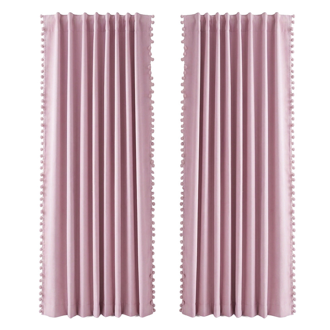 Marlow Blackout Curtains Pink 2 Panels Thermal Insulated Pom Pom 132cm x 213cm