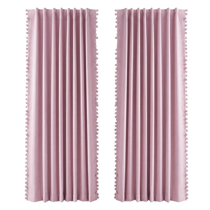 Marlow Blackout Curtains Pink 2 Panels Thermal Insulated Pom Pom 132cm x 213cm