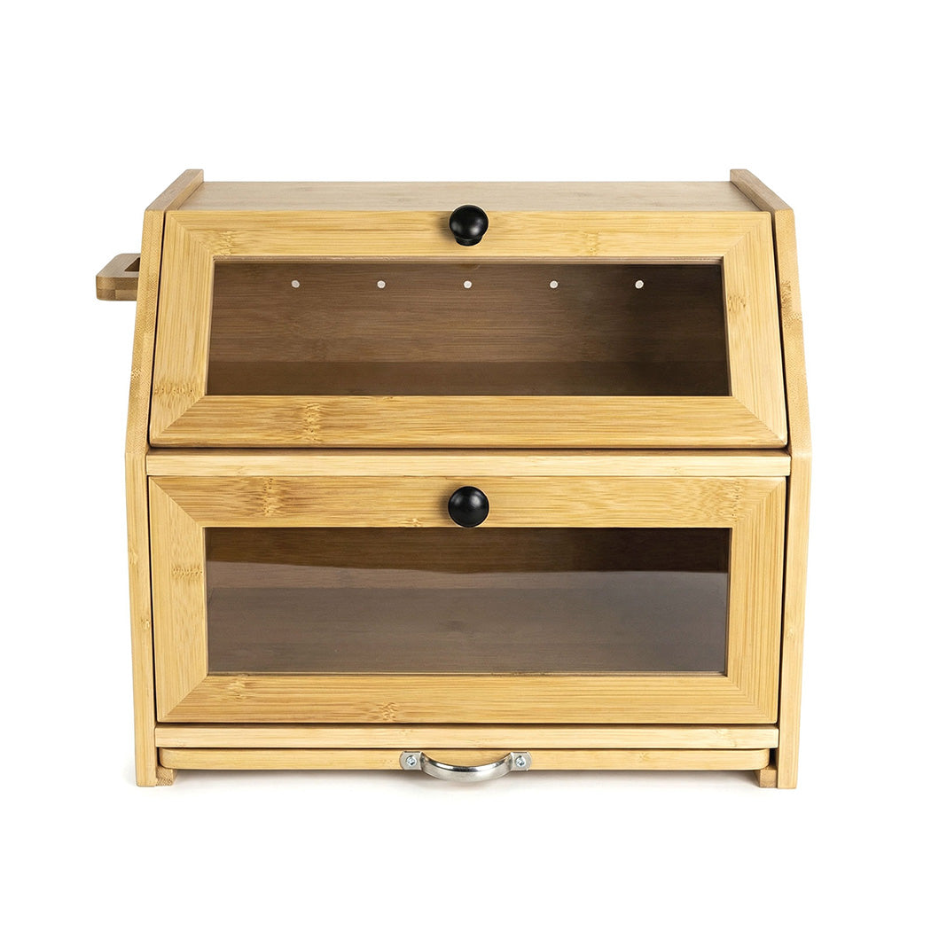 Toque Bread Box Bread Bin Double Layer Bamboo Bread Storage with Window Natural