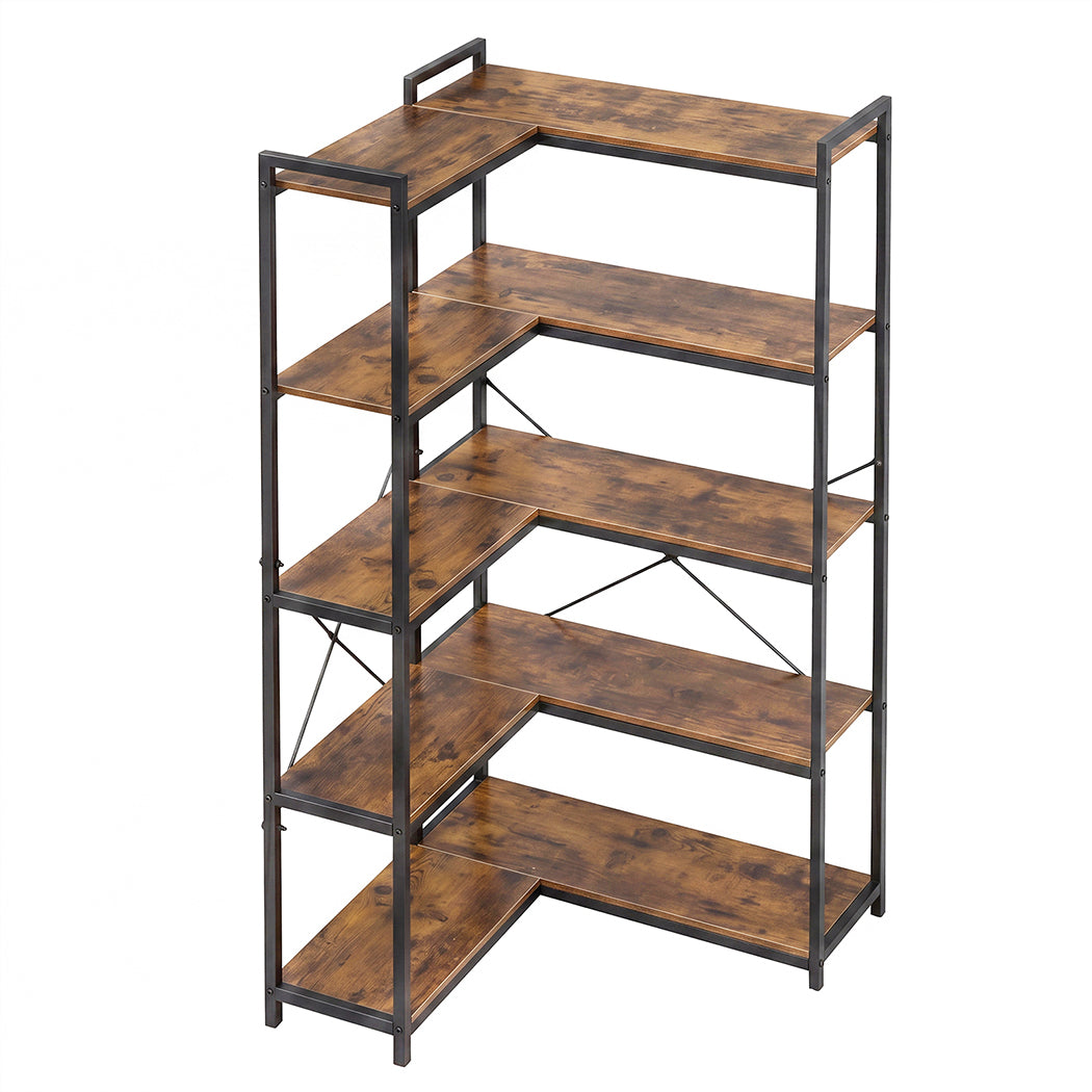 Levede Corner Bookshelf 5 Tier Bookcase L Shape Storage Shelf Display Rack Brown