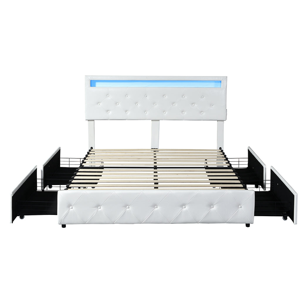Functional Double Bed Frame RGB LED PU 4 Drawer USB  Premium Quality