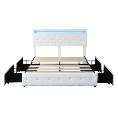 Functional Double Bed Frame RGB LED PU 4 Drawer USB  Premium Quality