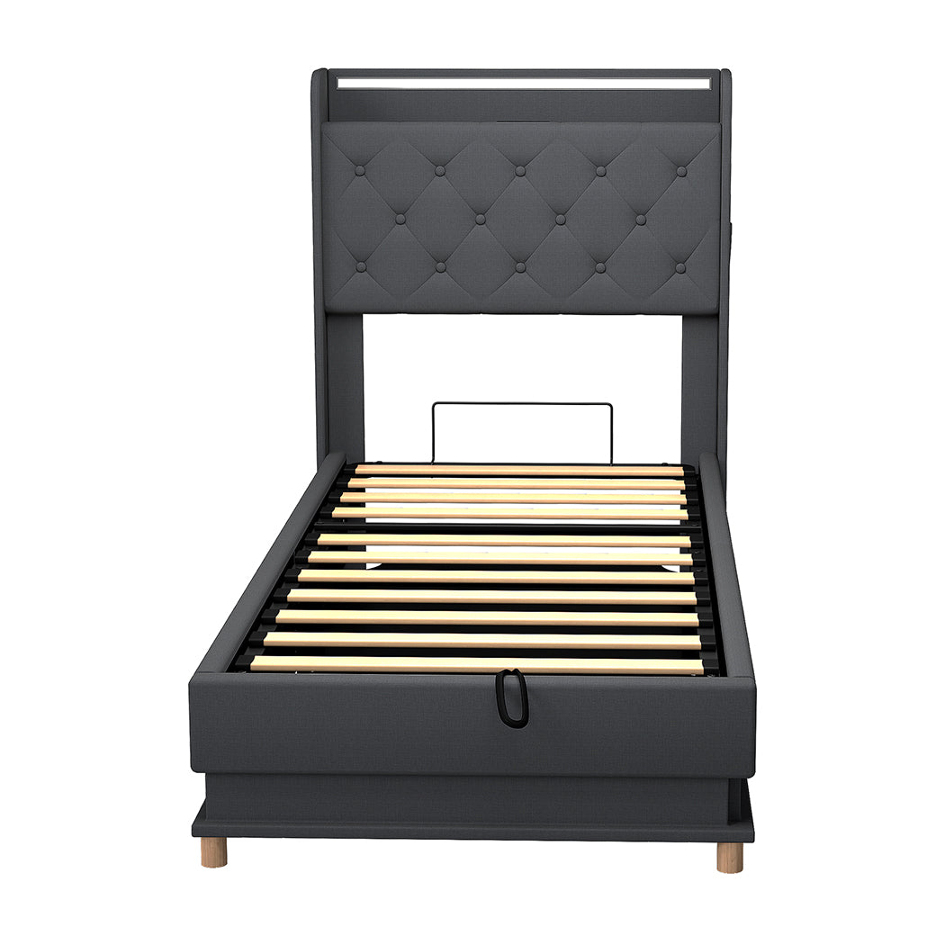 Contemporary Single Bed Frame Gas Lift Storage LED Light USB  Soft