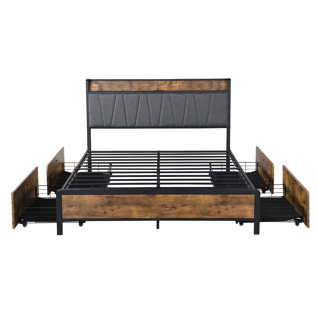 Minimalist Queen Bed Frame Soft Storage Drawers Headboard USB Charge
