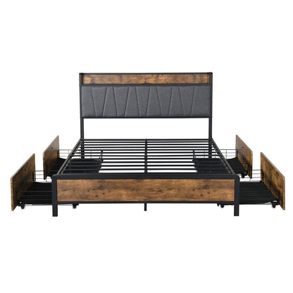 Minimalist Queen Bed Frame Soft Storage Drawers Headboard USB Charge