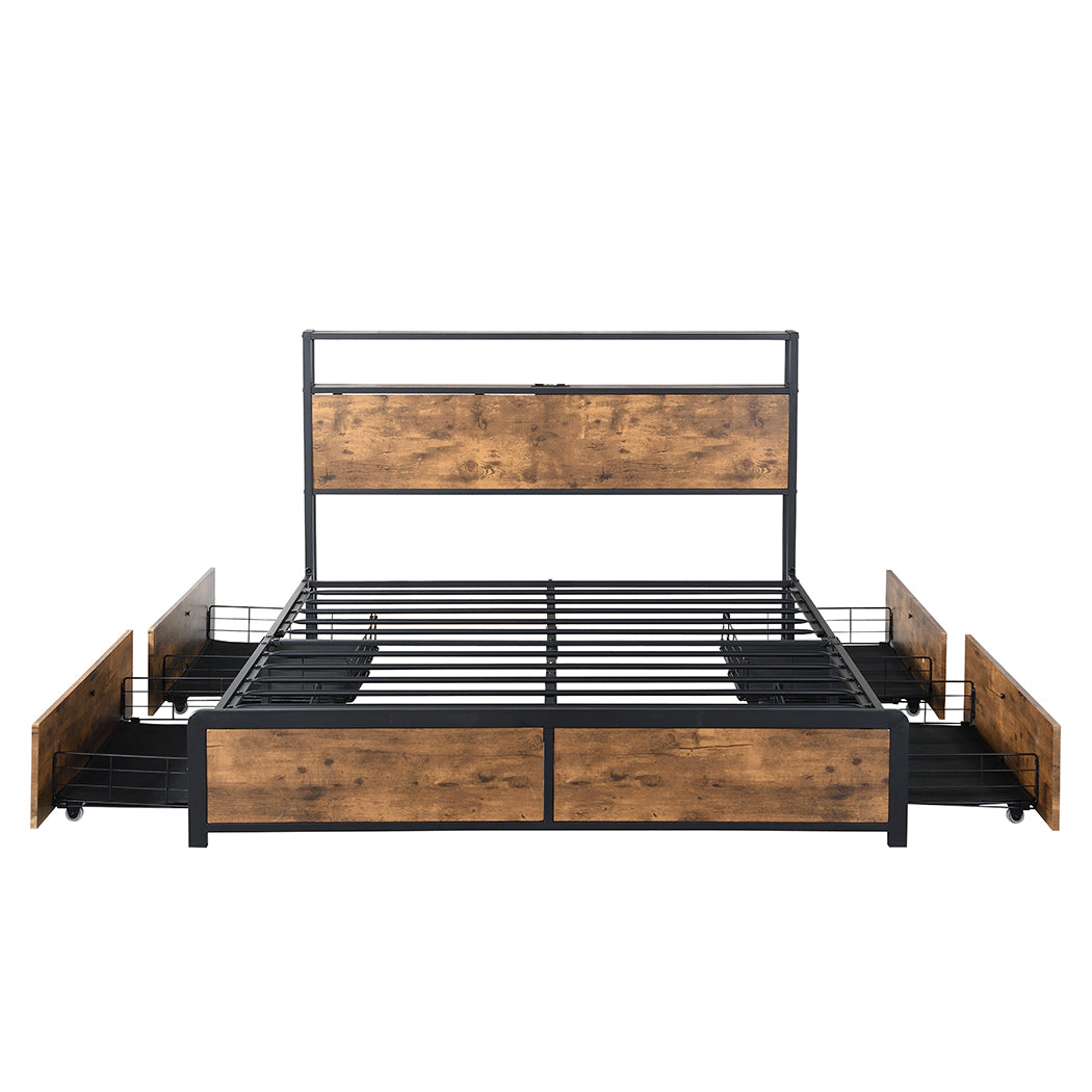 Luxury Queen Bed Frame RGB LED 4 Drawers USB  Scandi Inspired Design