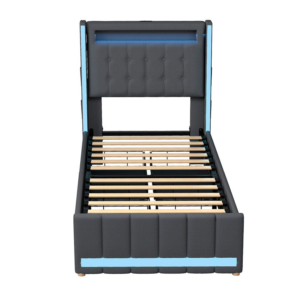 Luxury Single Bed Frame Fabric Storage Drawer LED USB  Sleek Modern