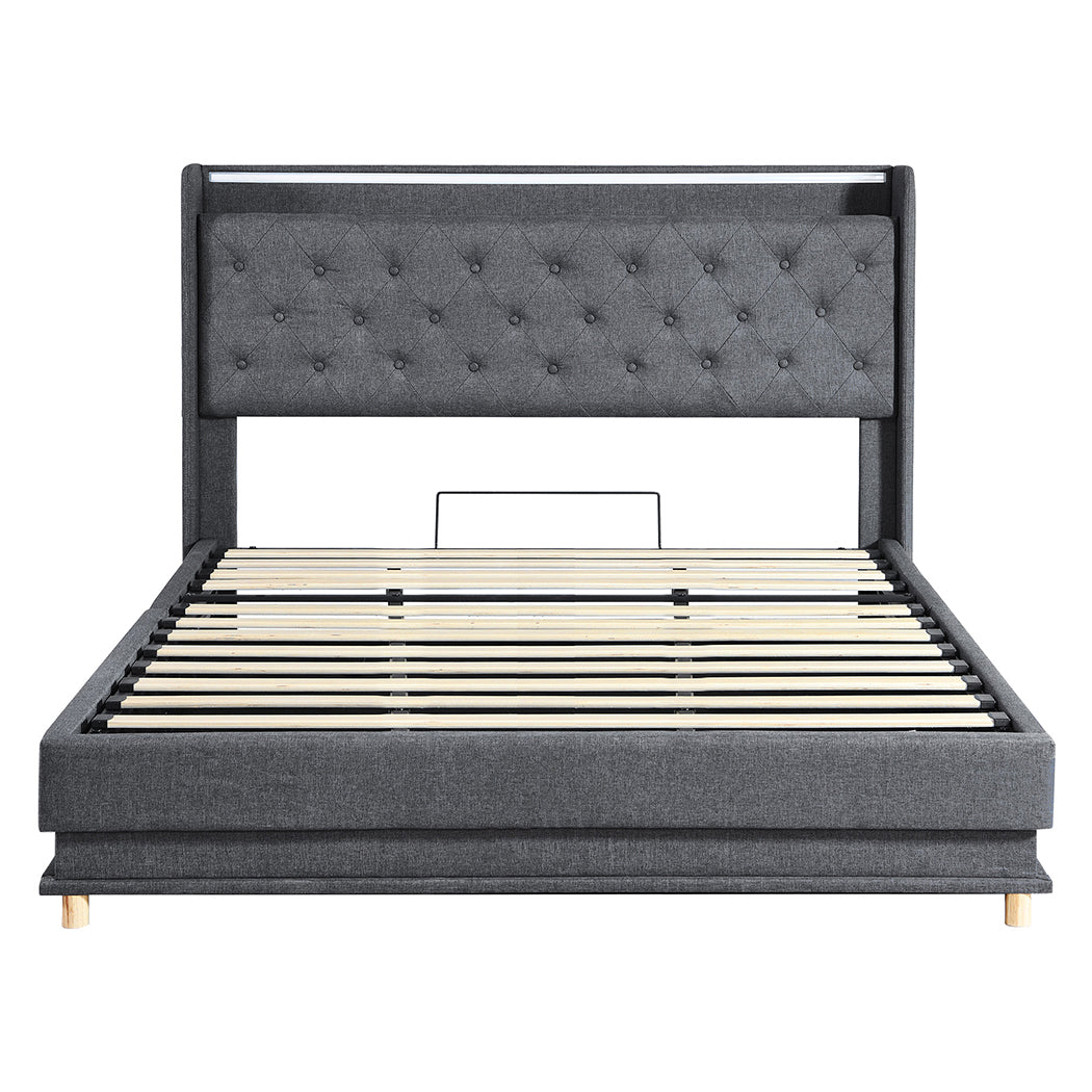 Functional King Bed Frame Gas Lift Storage LED Light USB  Sleek