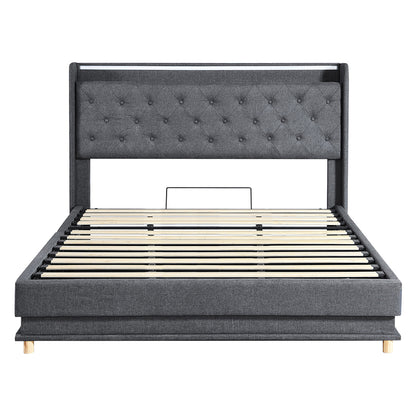 Functional King Bed Frame Gas Lift Storage LED Light USB  Sleek