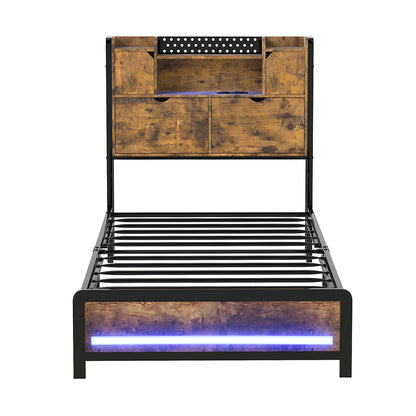 Single Bed Frame Storage Headboard Industrial 209x92x109cm