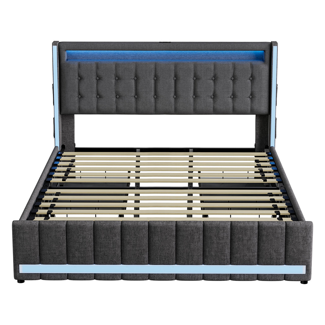 Modern King Bed Frame Fabric Storage Drawer LED USB  Soft Cushion